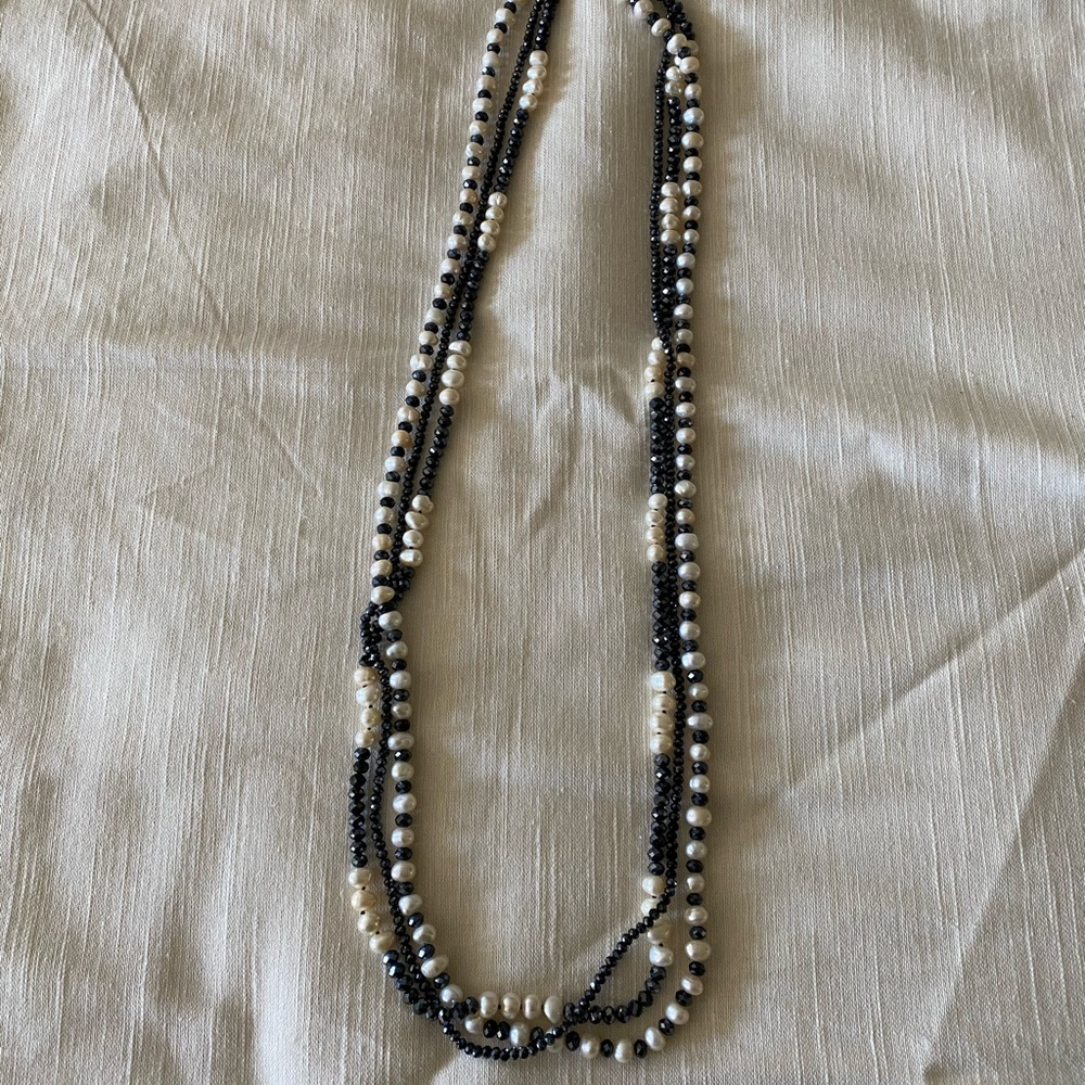 Long Pearl and Crystal Necklace